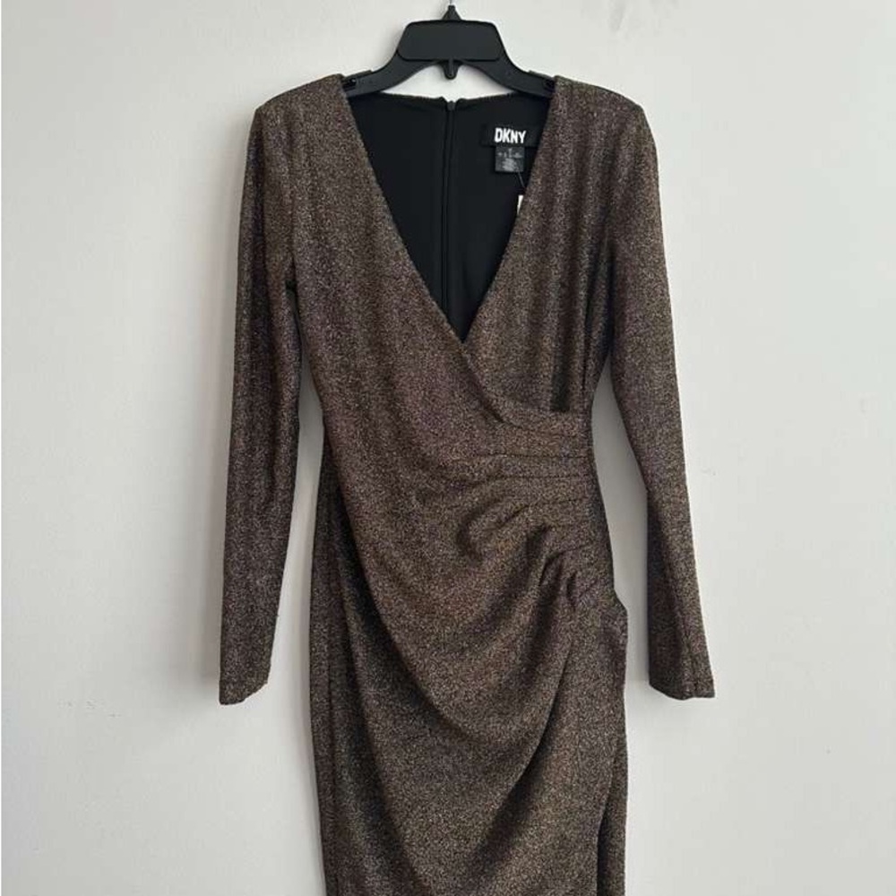 New DKNY Metallic Brown Long Sleeve Dress Size 4